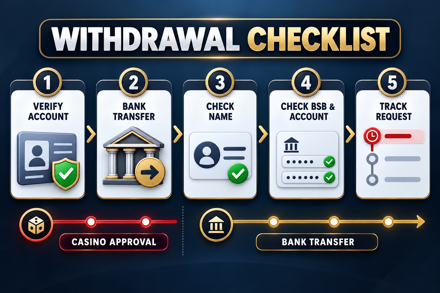 Bank transfer withdrawal checklist: complete verification, choose Bank Transfer, check your name, BSB and account number, then track the request.