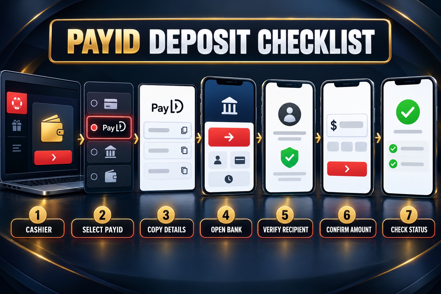 PayID deposit checklist: open the cashier, copy the PayID, check the recipient and amount in your bank app, then confirm and check status.