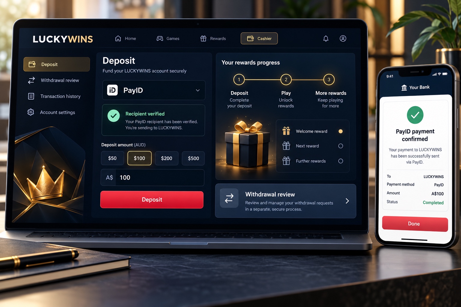 LUCKYWINS illustrative PayID cashier with recipient checks and separate withdrawal review