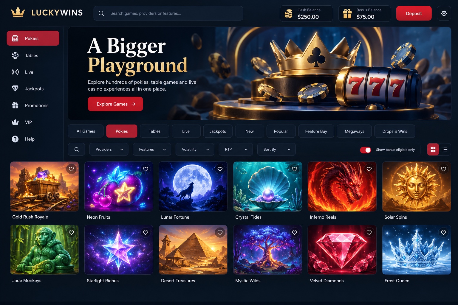 LUCKYWINS illustrative game catalogue with categories and separate cash and bonus balances