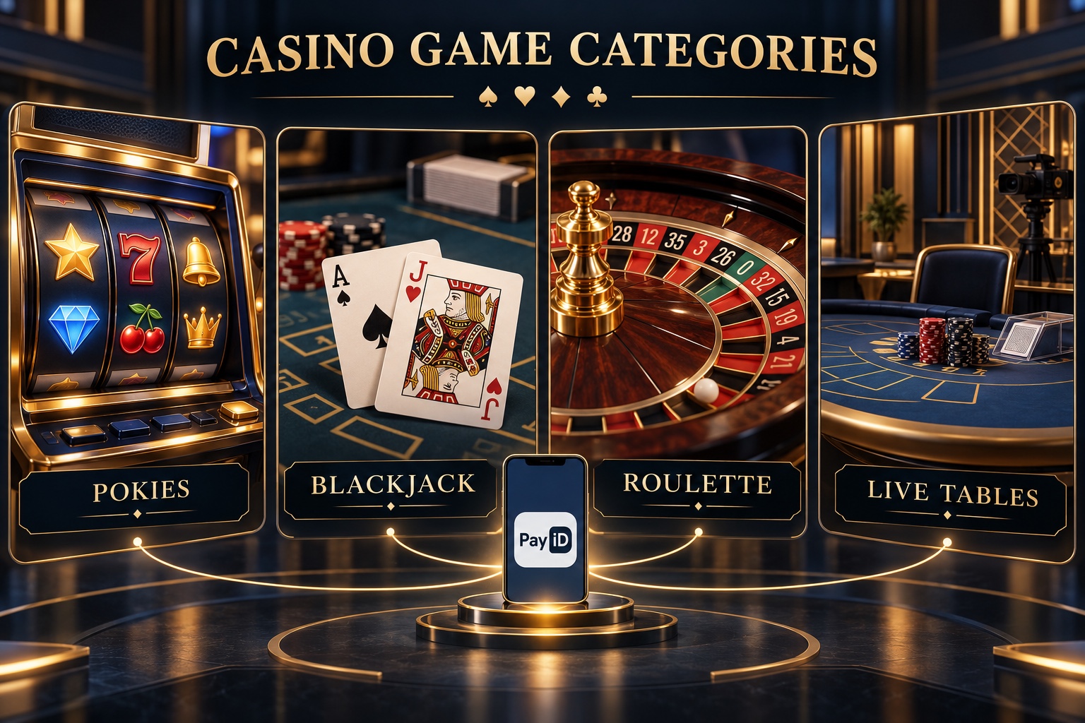 Collage of PayID casino games including pokies, blackjack, roulette, and live dealers