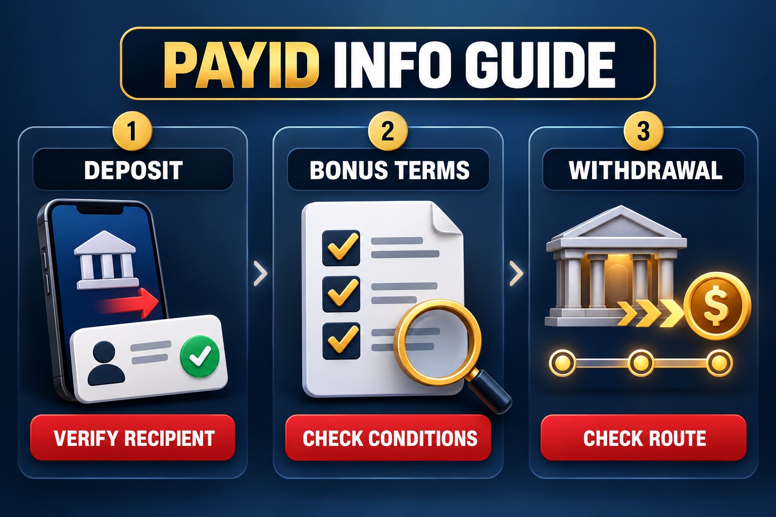 Checklist graphic for PayID online casino tips covering deposits, bonuses, and withdrawals