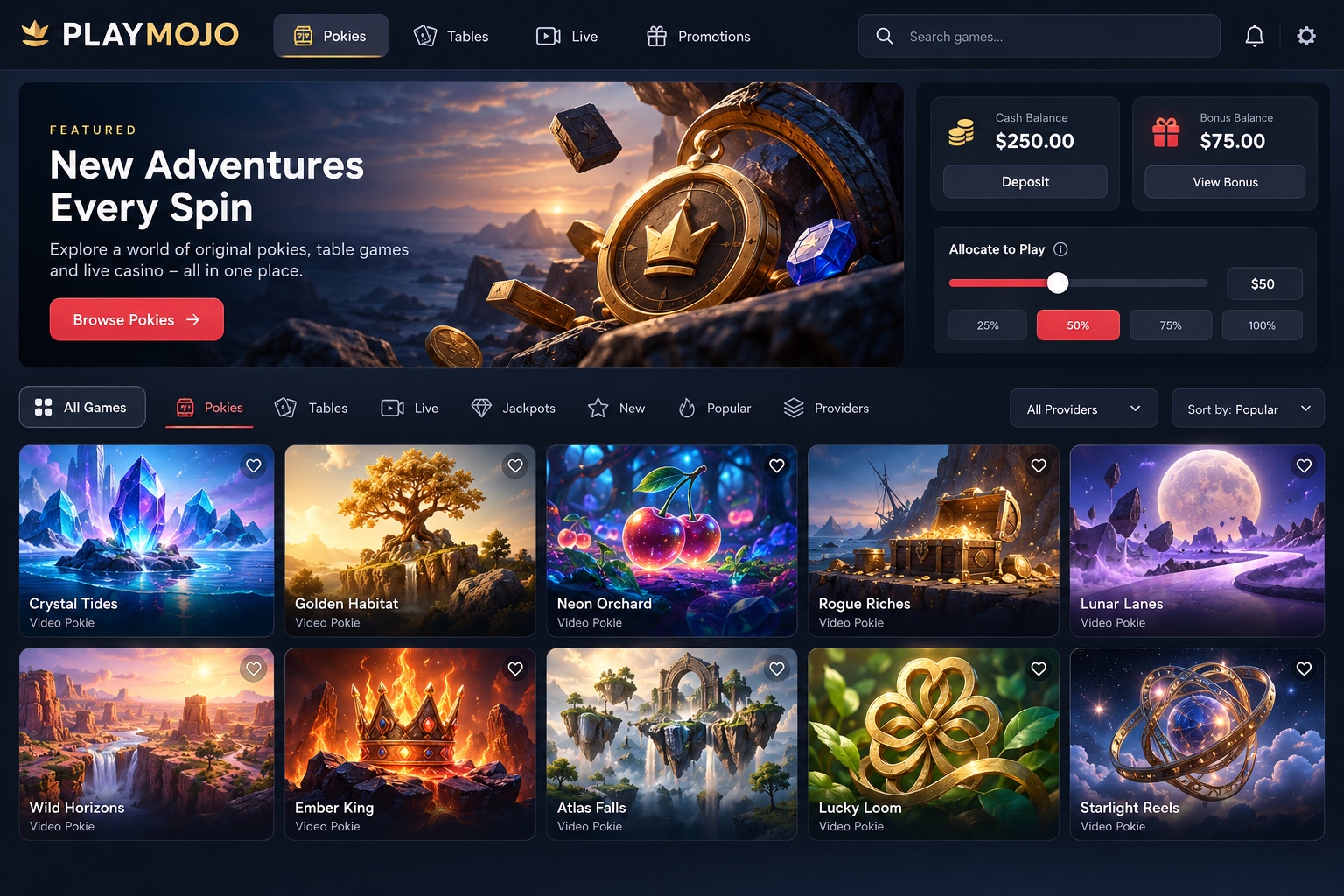 PLAYMOJO illustrative game catalogue with categories and separate cash and bonus balances
