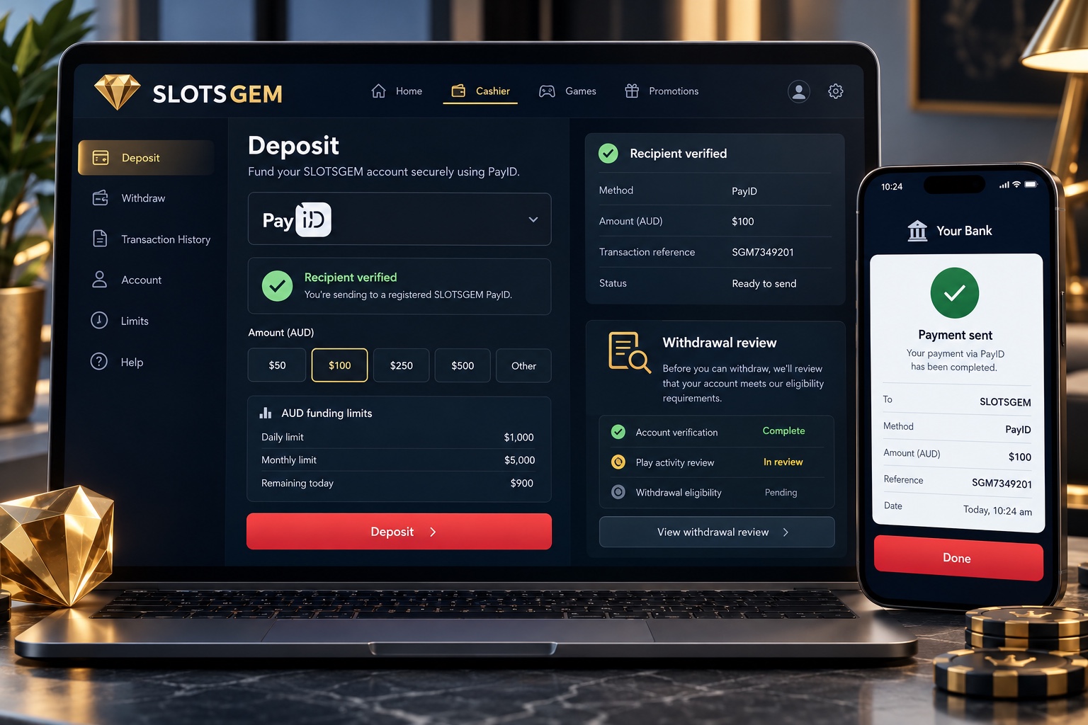 SLOTSGEM illustrative PayID cashier with recipient checks and separate withdrawal review