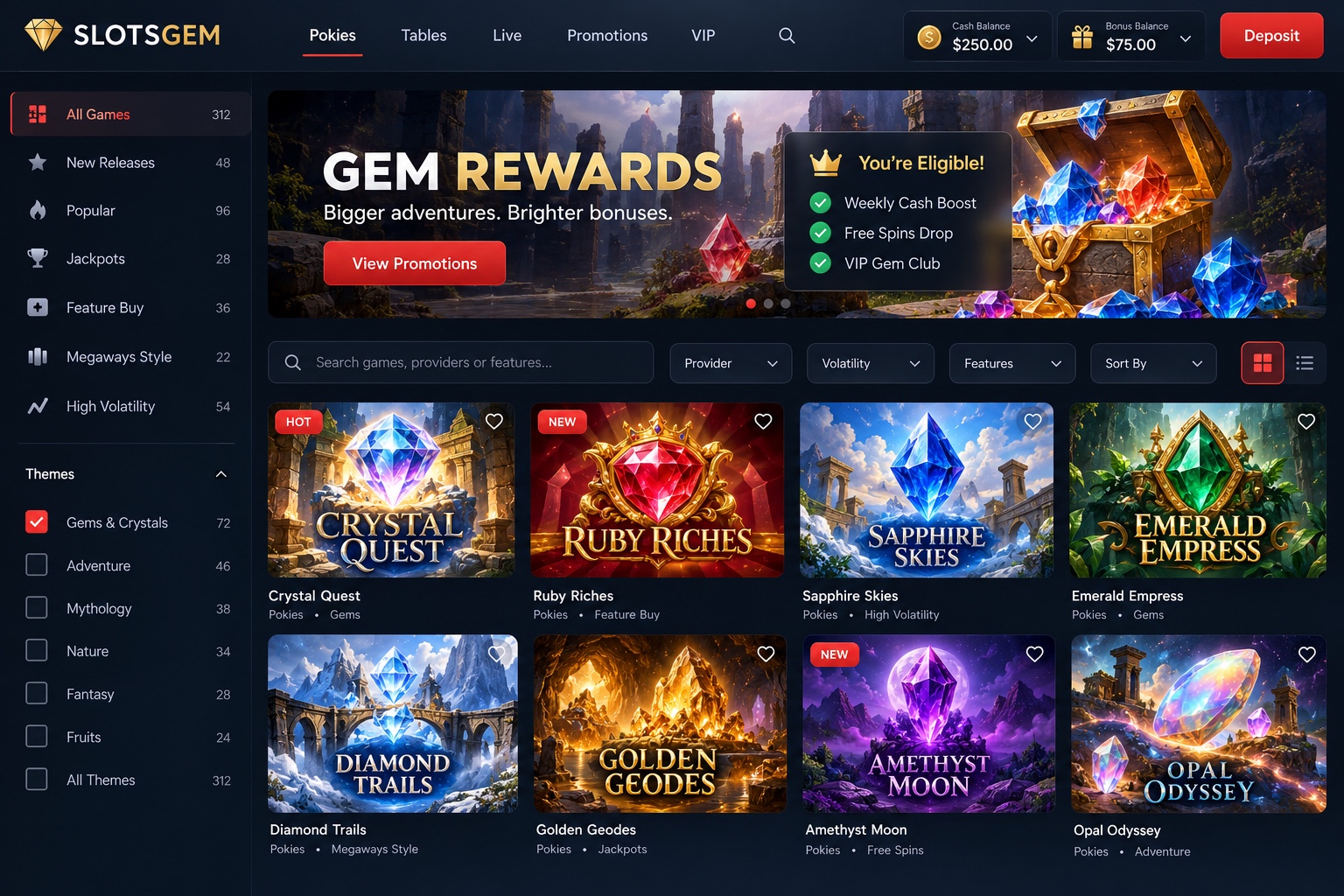 SLOTSGEM illustrative game catalogue with categories and separate cash and bonus balances