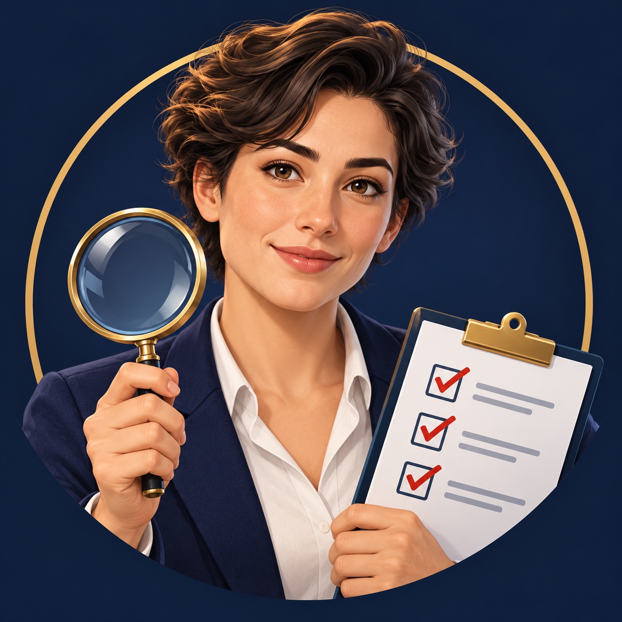 Alex Morgan illustrated magnifying-glass and checklist avatar