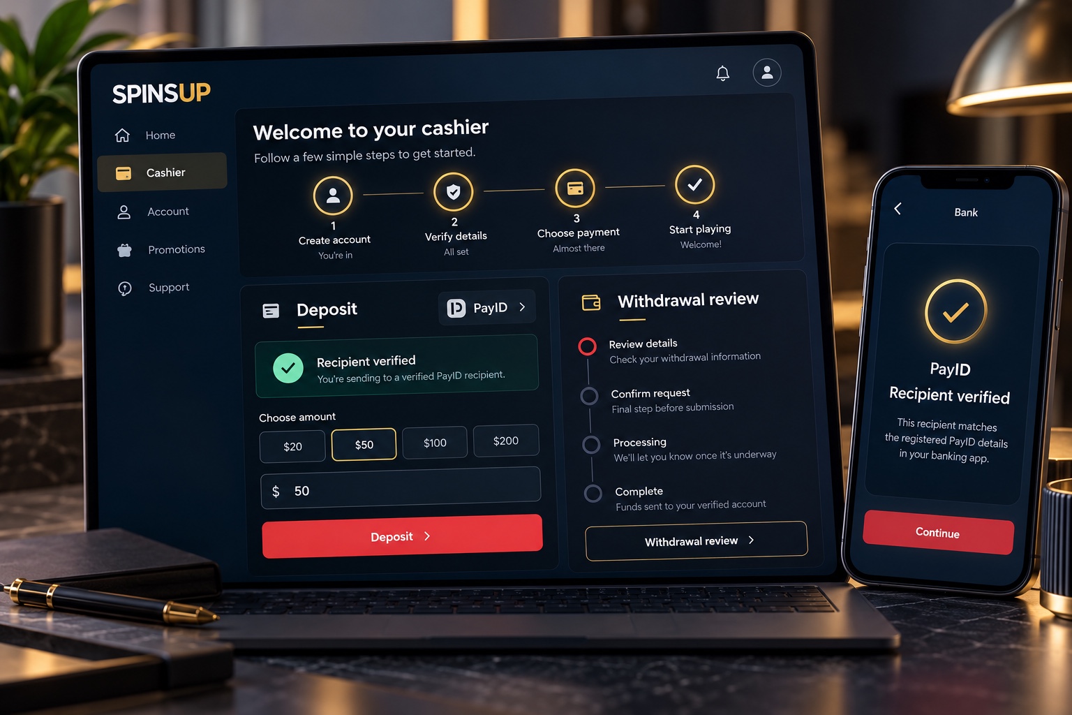 SPINSUP illustrative PayID cashier with recipient checks and separate withdrawal review
