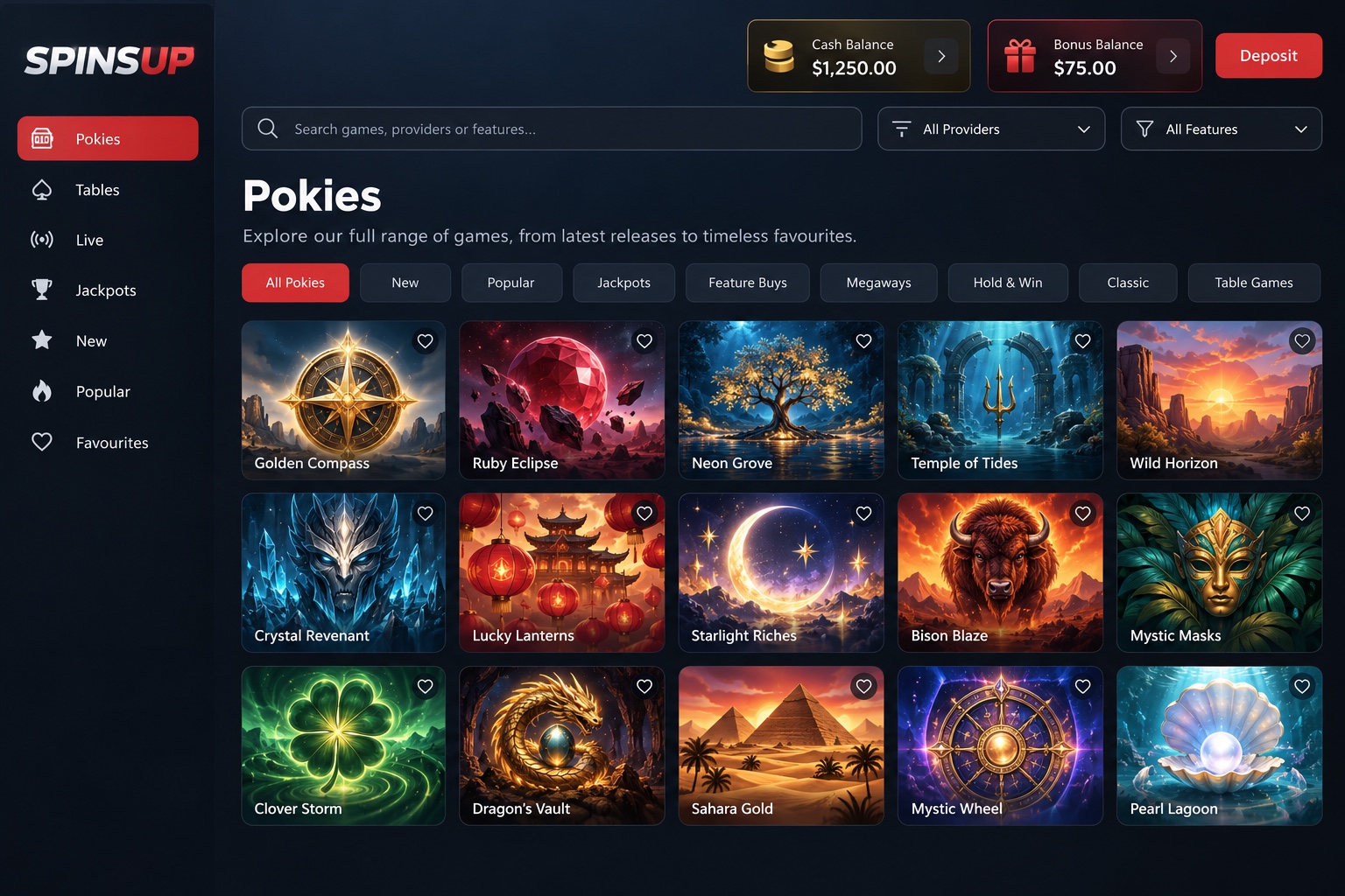 SPINSUP illustrative game catalogue with categories and separate cash and bonus balances