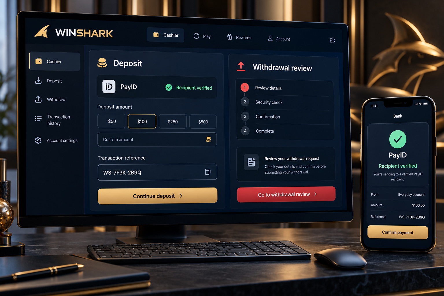 WINSHARK illustrative PayID cashier with recipient checks and separate withdrawal review