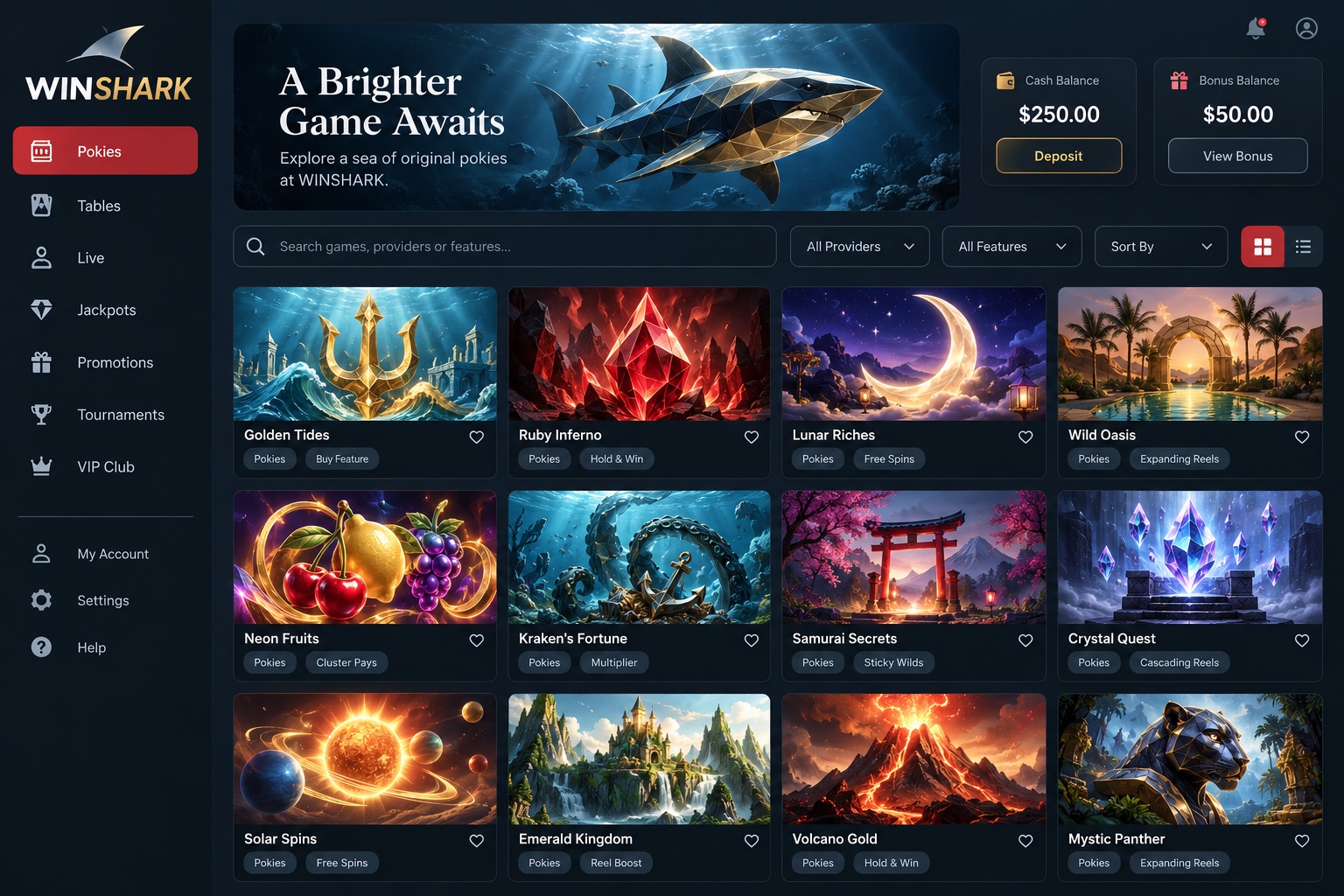 WINSHARK illustrative game catalogue with categories and separate cash and bonus balances