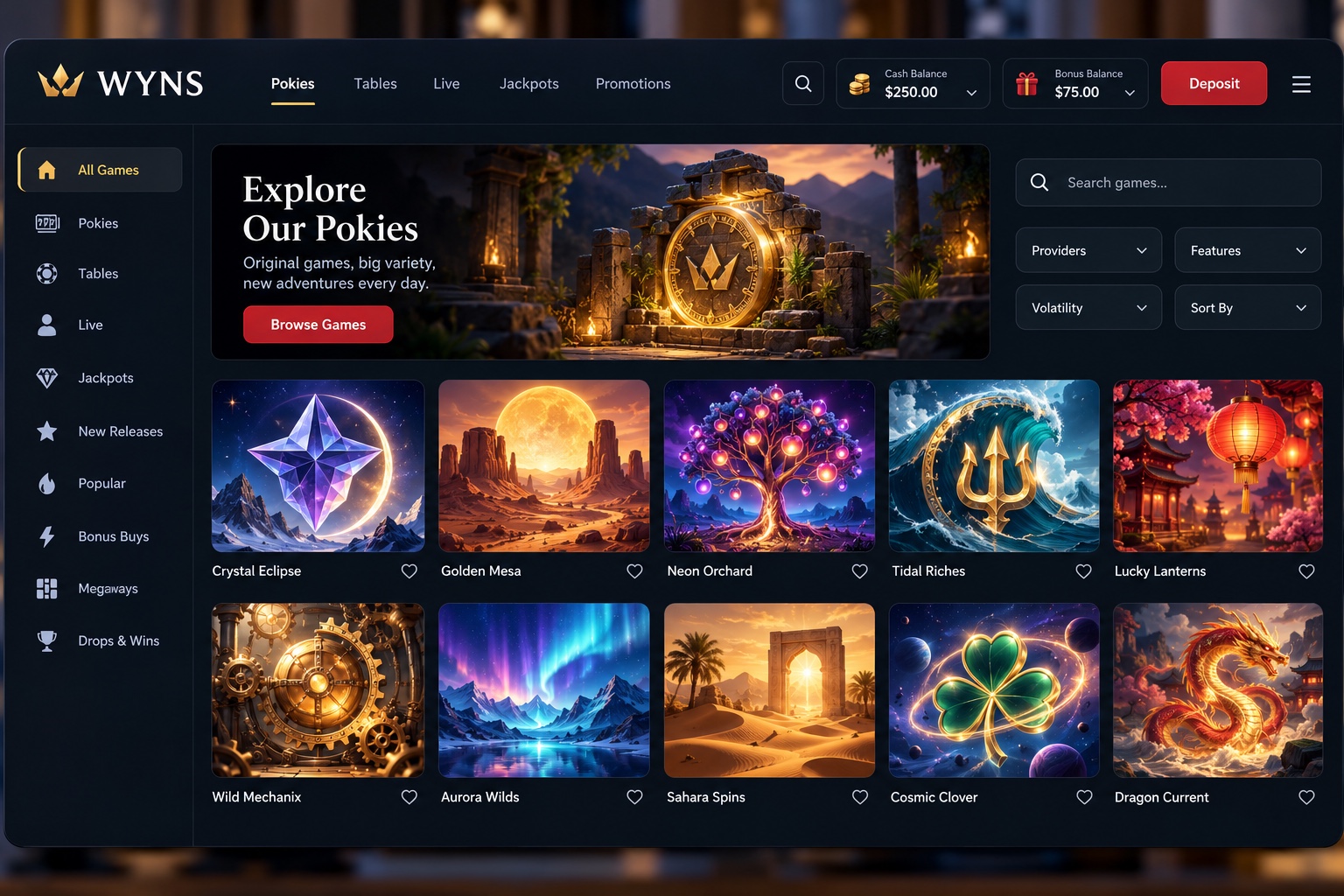 WYNS illustrative game catalogue with categories and separate cash and bonus balances